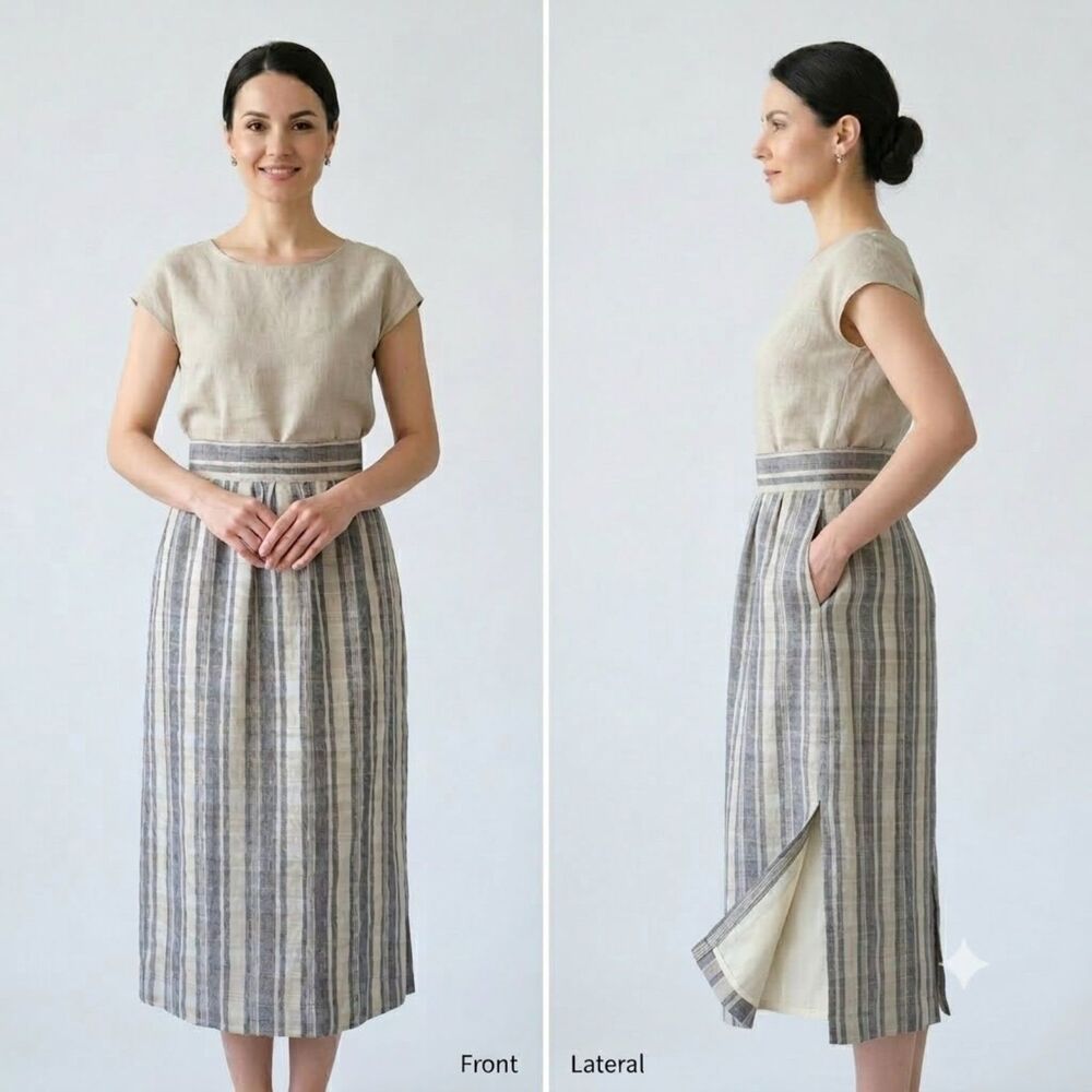 Women's Linen Midi Skirt Size 44 Made in Italy Striped Cream Gray Lined Pockets